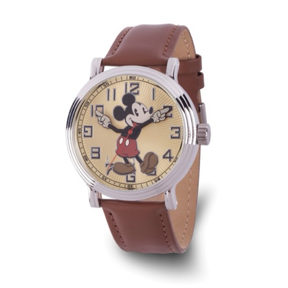 Disney Mickey Mouse Men’s Silver Vintage Quartz Watch – Brown Leather Band